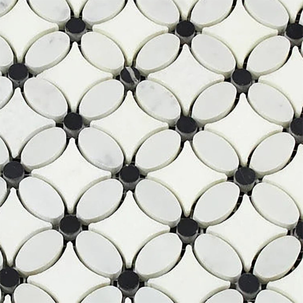 Carrara White, Black Honed 1 1/4x5/8 Florida Flower Marble Mosaic