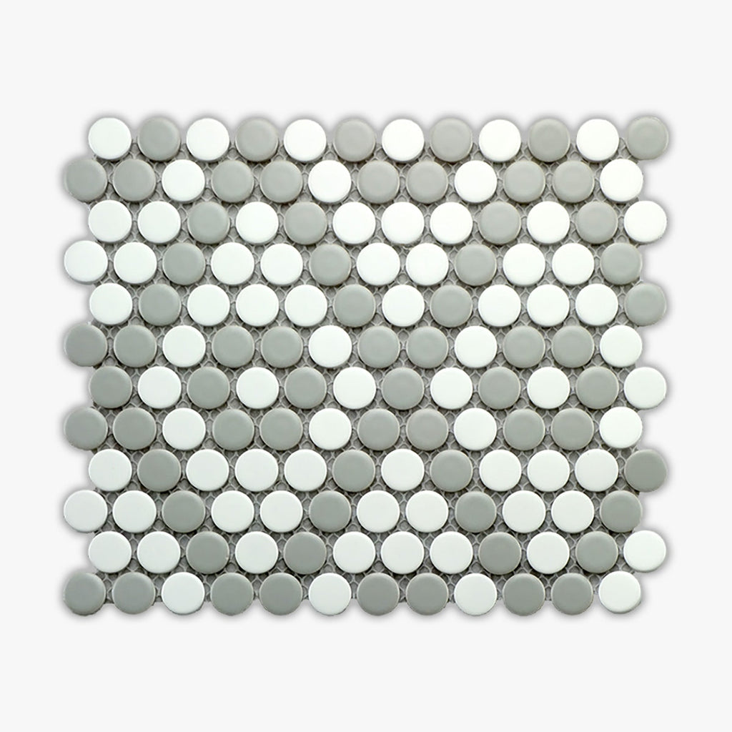 Gray, White Matte Penny Round Porcelain Mosaic