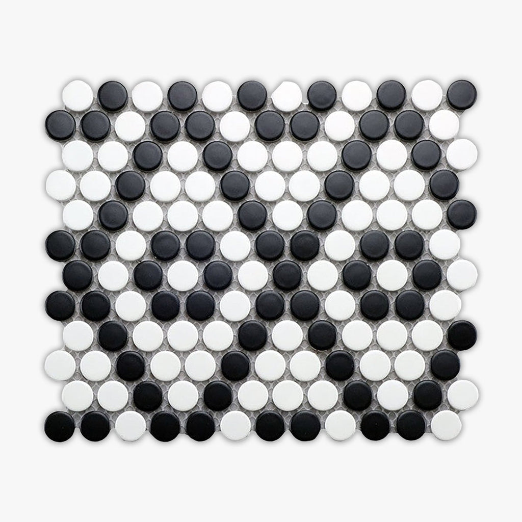 Black, White Matte Penny Round Porcelain Mosaic