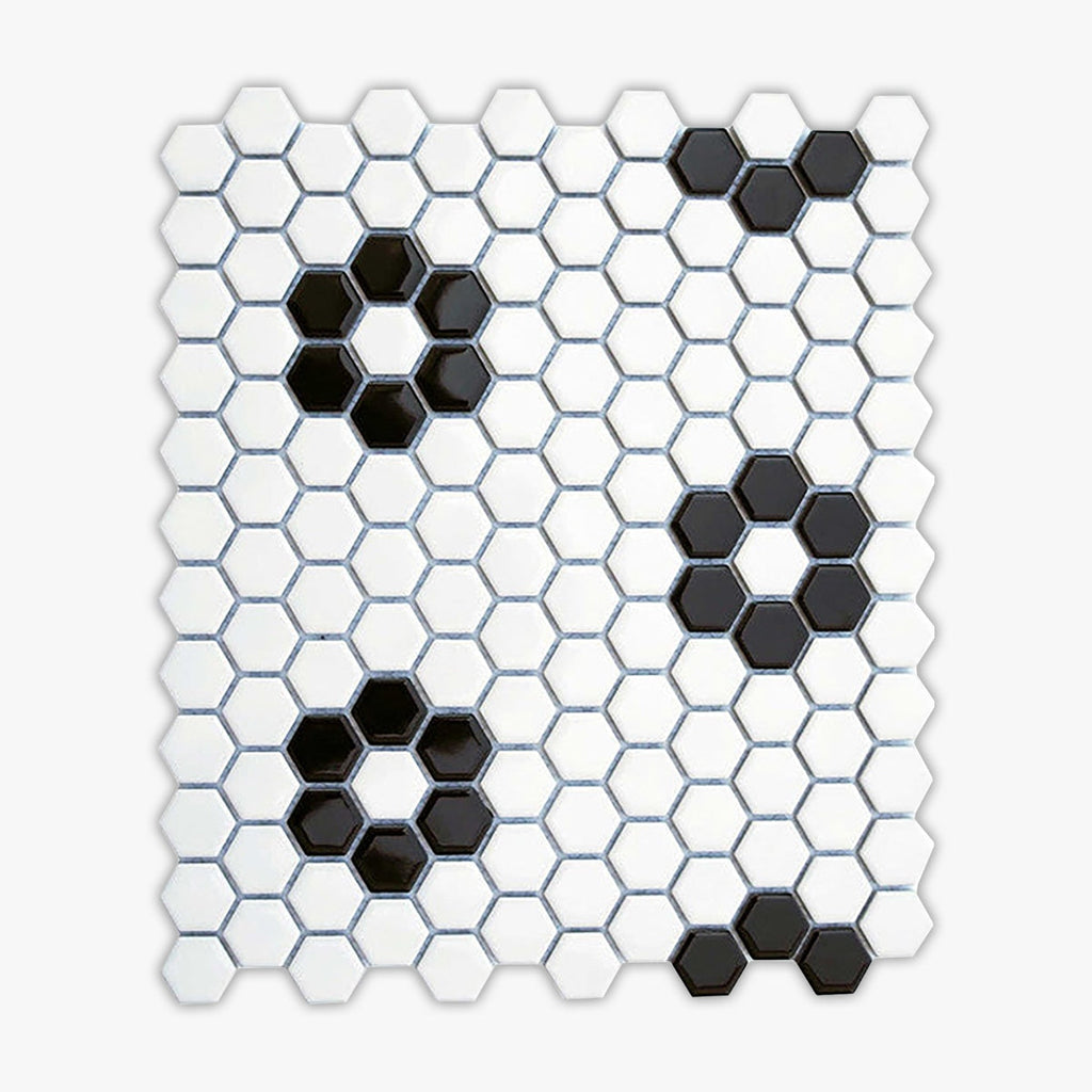 Black, White Matte 1 Inch Flower Hexagon Porcelain Mosaic