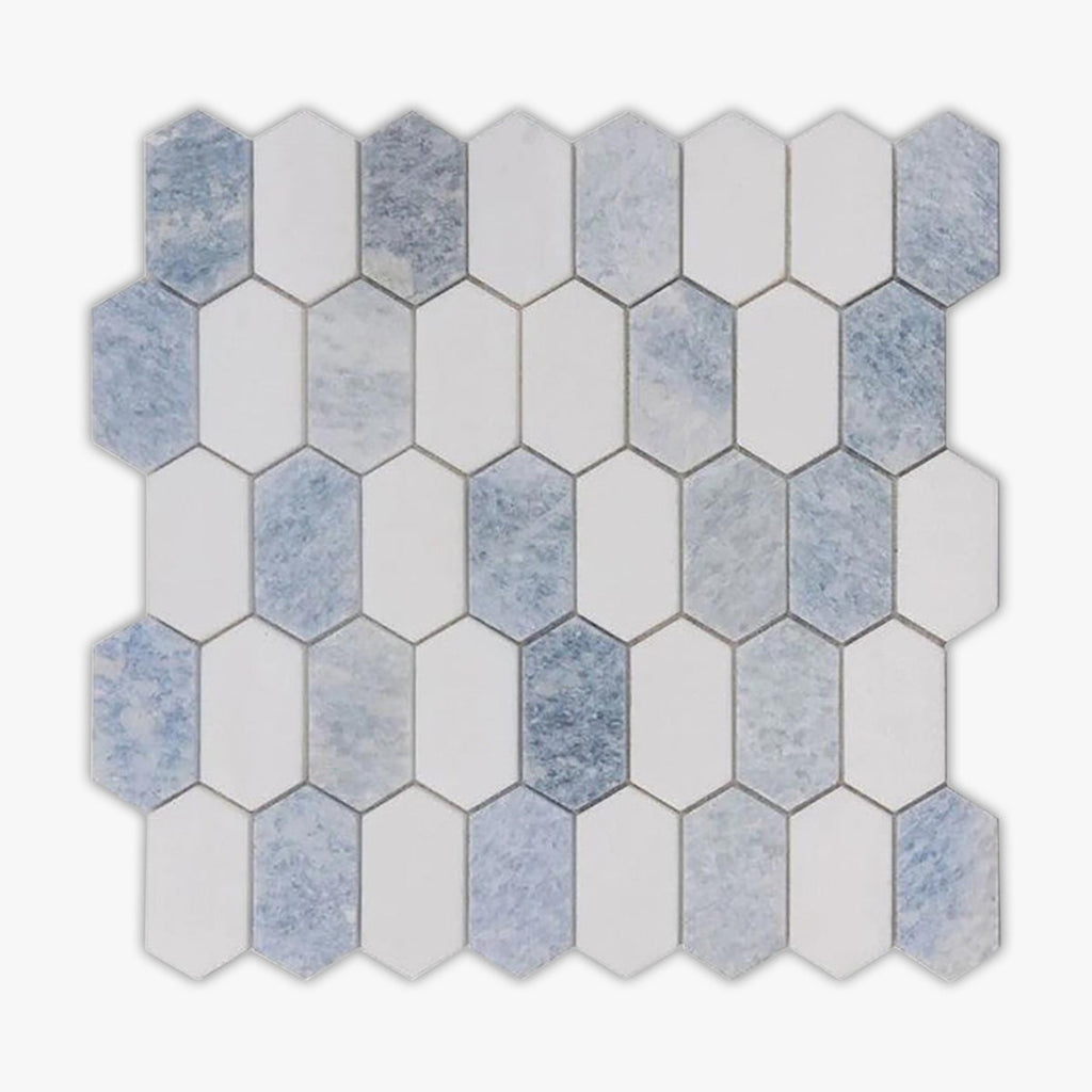 Thassos White, Azul Celeste Honed Mini Picket Marble Mosaic