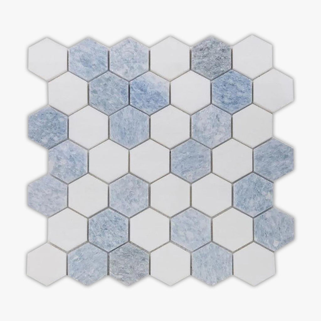 Thassos White, Azul Celeste Honed 2 Inch Hexagon Marble Mosaic