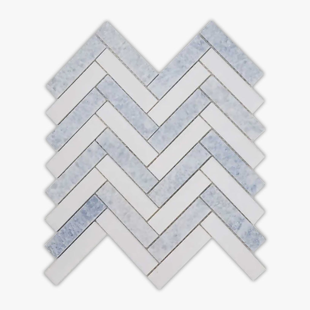 Thassos White, Azul Celeste Polished 1x4 Herringbone Marble Mosaic