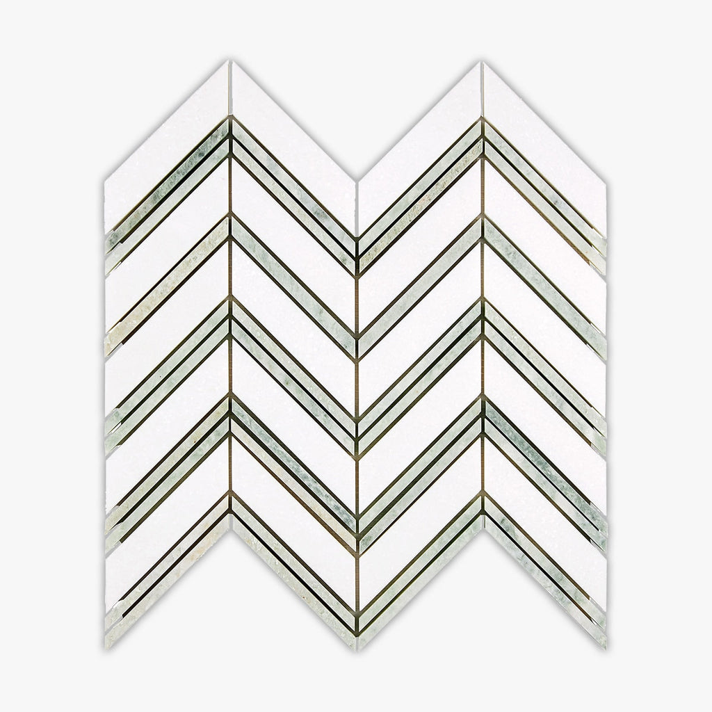 Thassos White, Green Honed Chevron Marble Mosaic