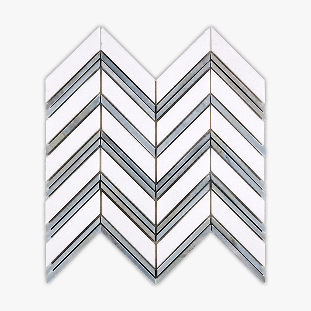 Thassos White, Blue Honed Chevron Marble Mosaic