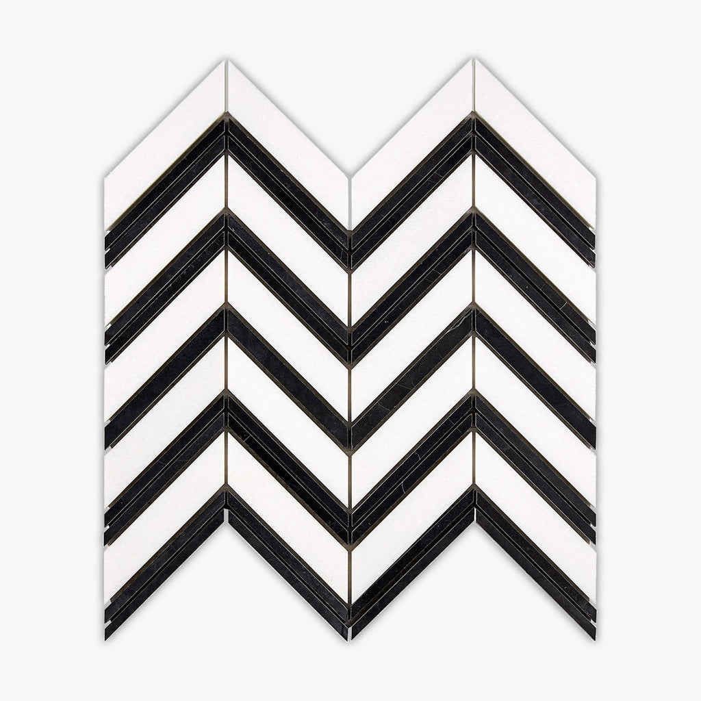 Thassos White, Black Honed Chevron Marble Mosaic