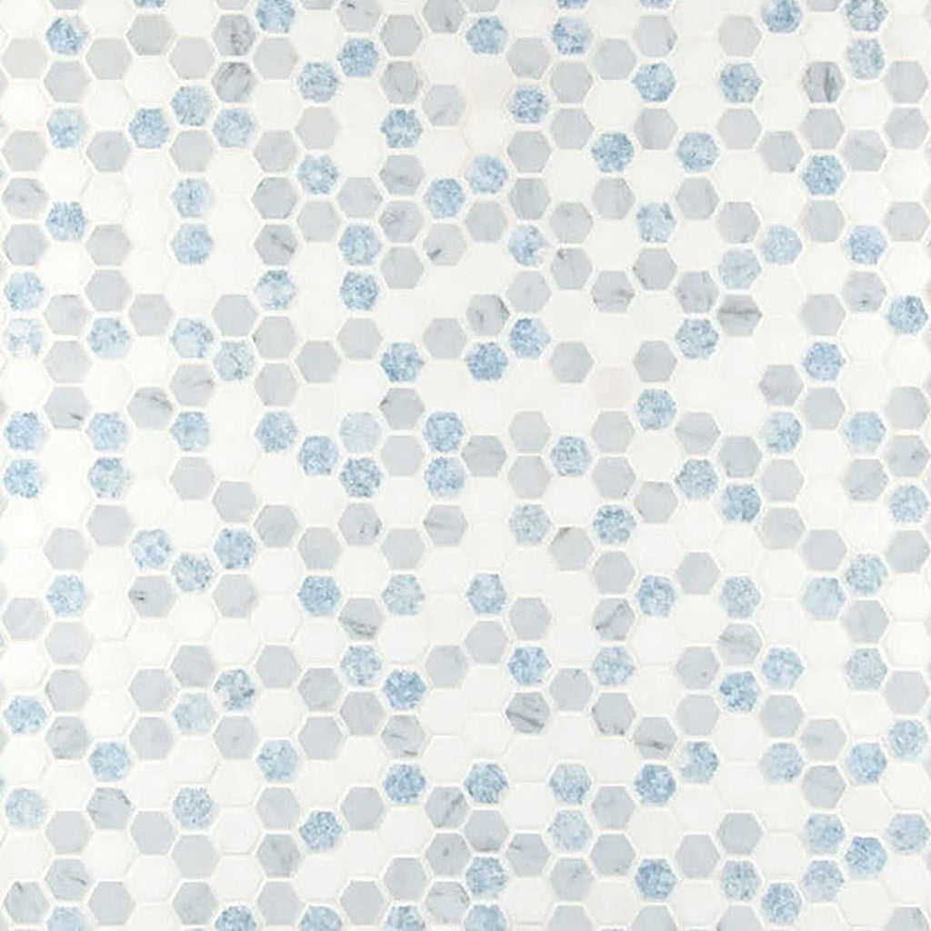 Thassos White, Blue Honed 1 Inch Elsie Hexagon Marble Mosaic