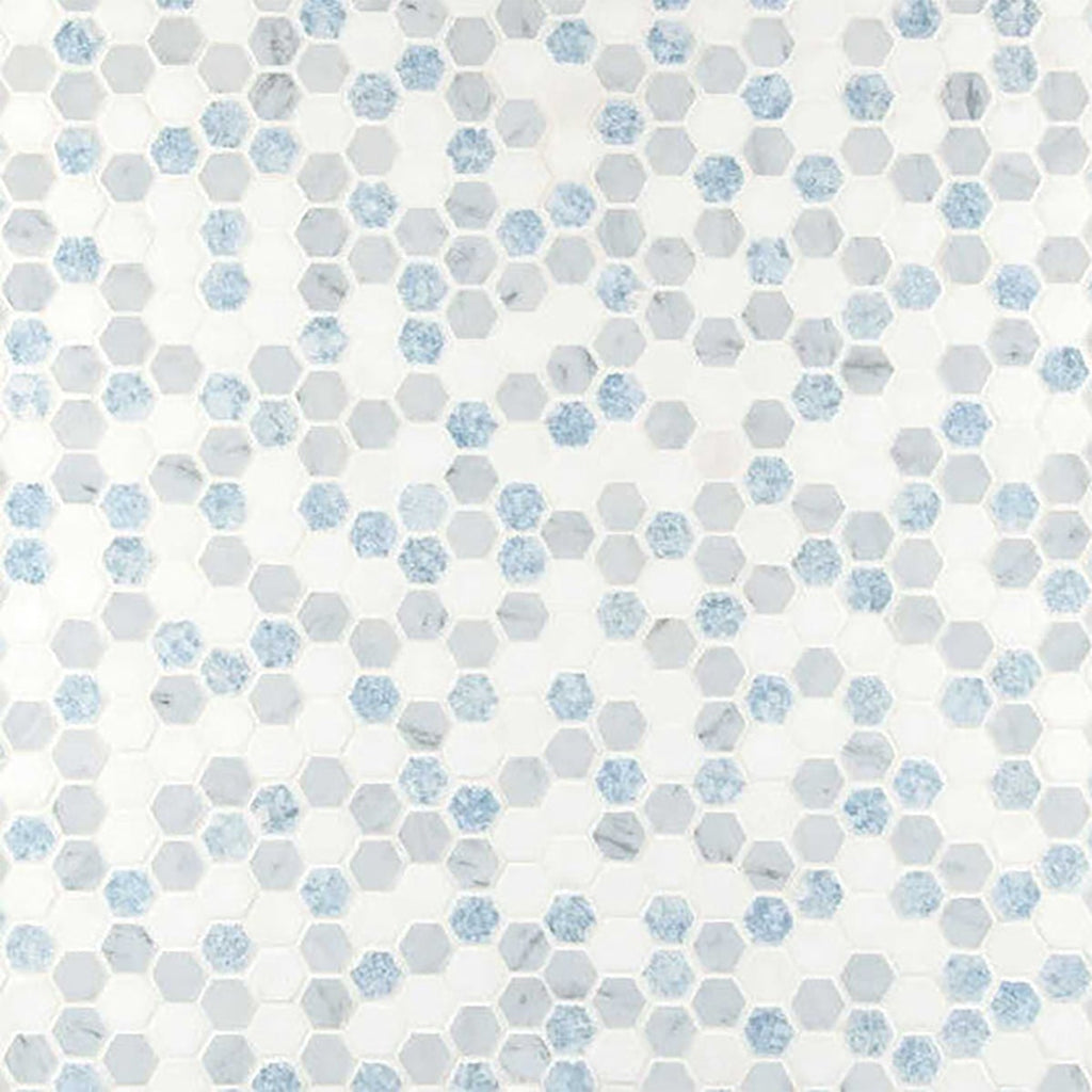 Thassos White, Blue Polished 1 Inch Elsie Hexagon Marble Mosaic