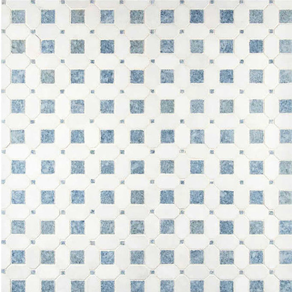 Thassos White, Blue Honed Basket Marble Mosaic