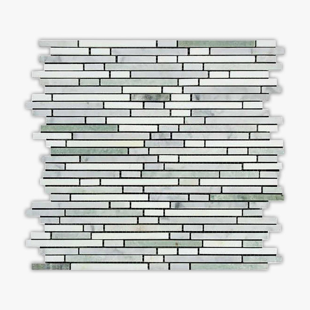 Thassos White, Carrara, Green Honed Random Strips Marble Mosaic