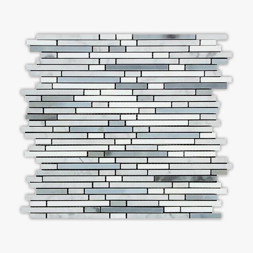 Thassos White, Carrara, Blue Honed Random Strips Marble Mosaic