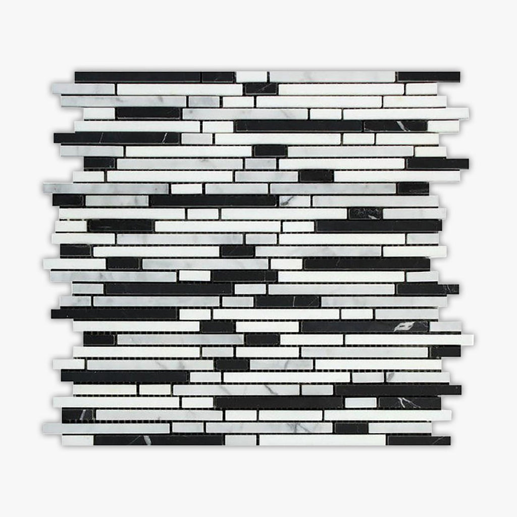 Thassos White, Carrara, Black Honed Random Strips Marble Mosaic