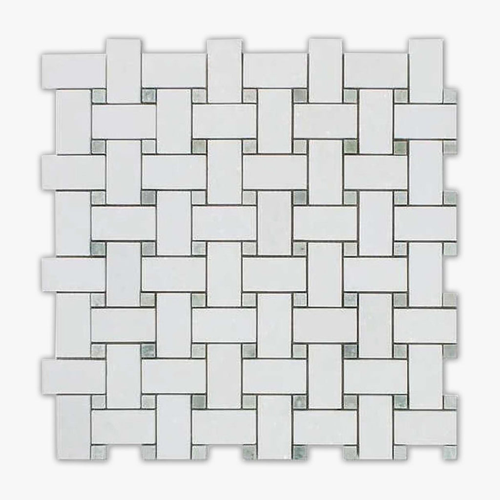 Thassos White, Green Honed 1x2 Basketweave Marble Mosaic