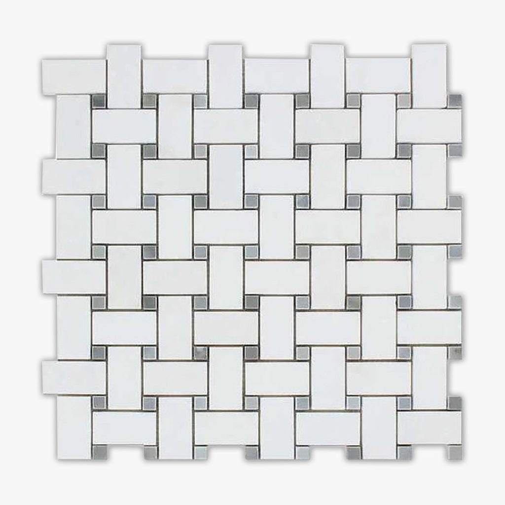 Thassos White, Blue Honed 1x2 Basketweave Marble Mosaic