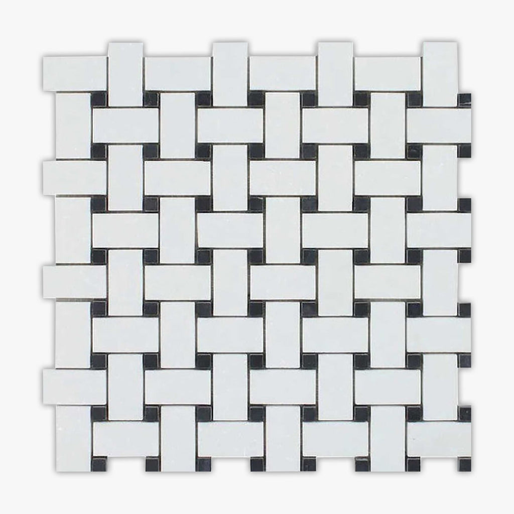 Thassos White, Black Honed 1x2 Basketweave Marble Mosaic