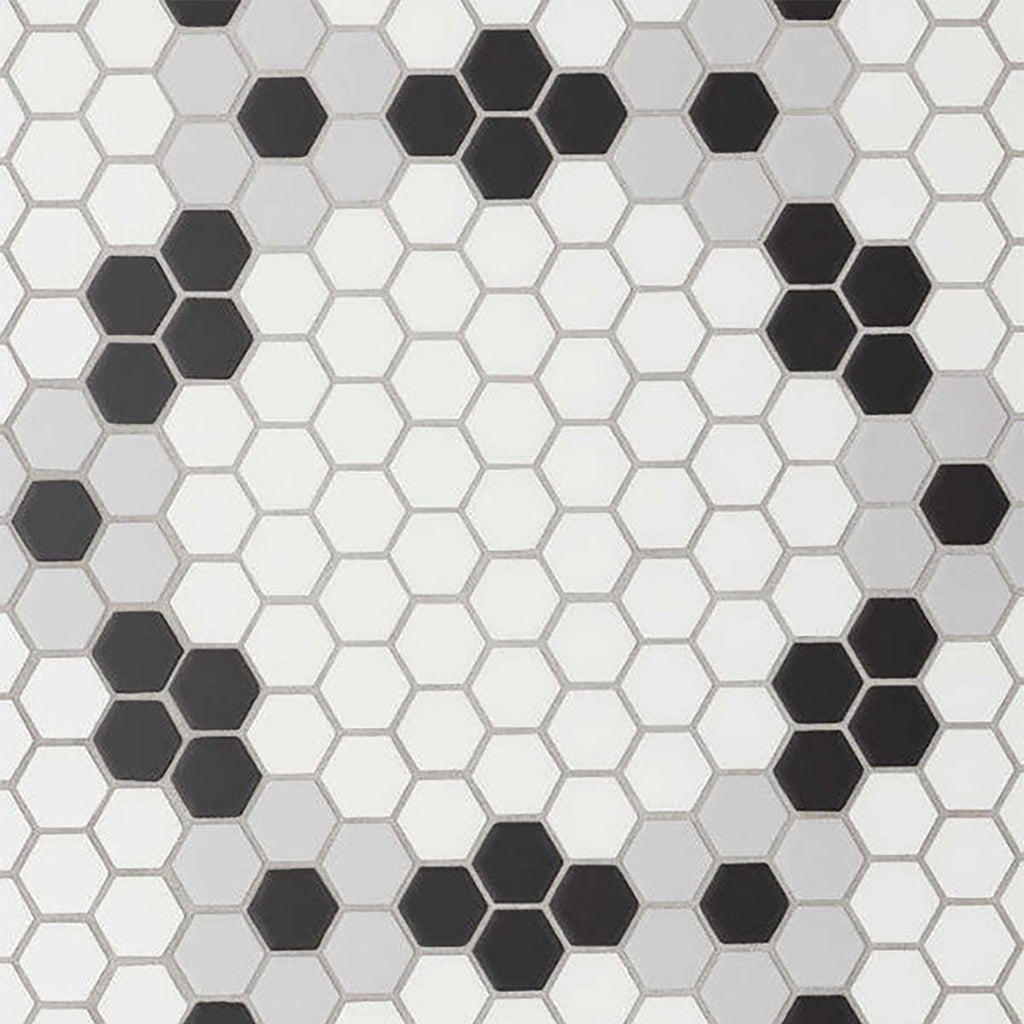 White, Gray, Black Matte 1 Inch Hexagon Porcelain Mosaic