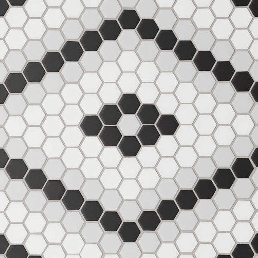 White, Black, Gray Matte 1 Inch Hexagon D 7 Porcelain Mosaic