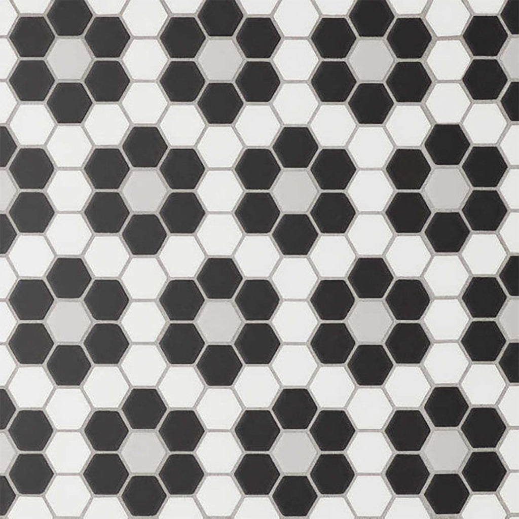 White, Black, Gray Matte 1 Inch Hexagon D 6 Porcelain Mosaic