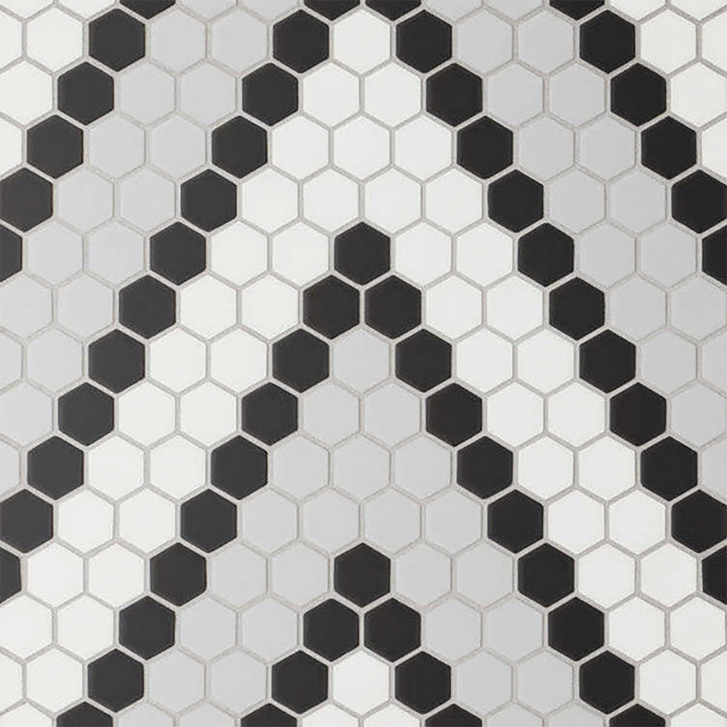 White, Black, Gray Matte 1 Inch Hexagon D 8 Porcelain Mosaic