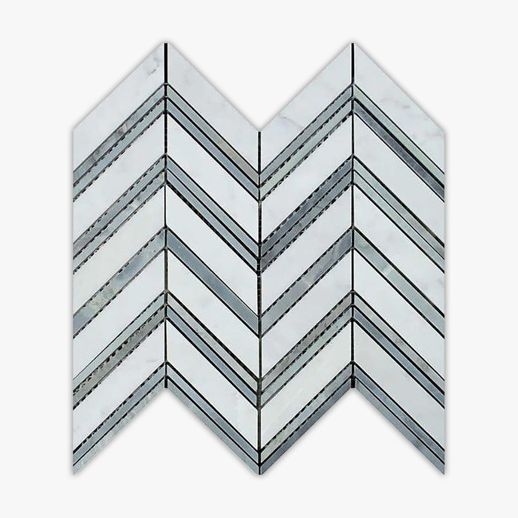 Carrara White, Blue Polished Chevron Marble Mosaic