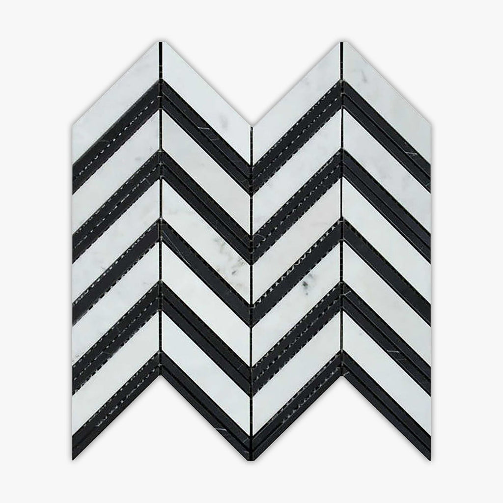 Carrara White, Black Polished Chevron Marble Mosaic