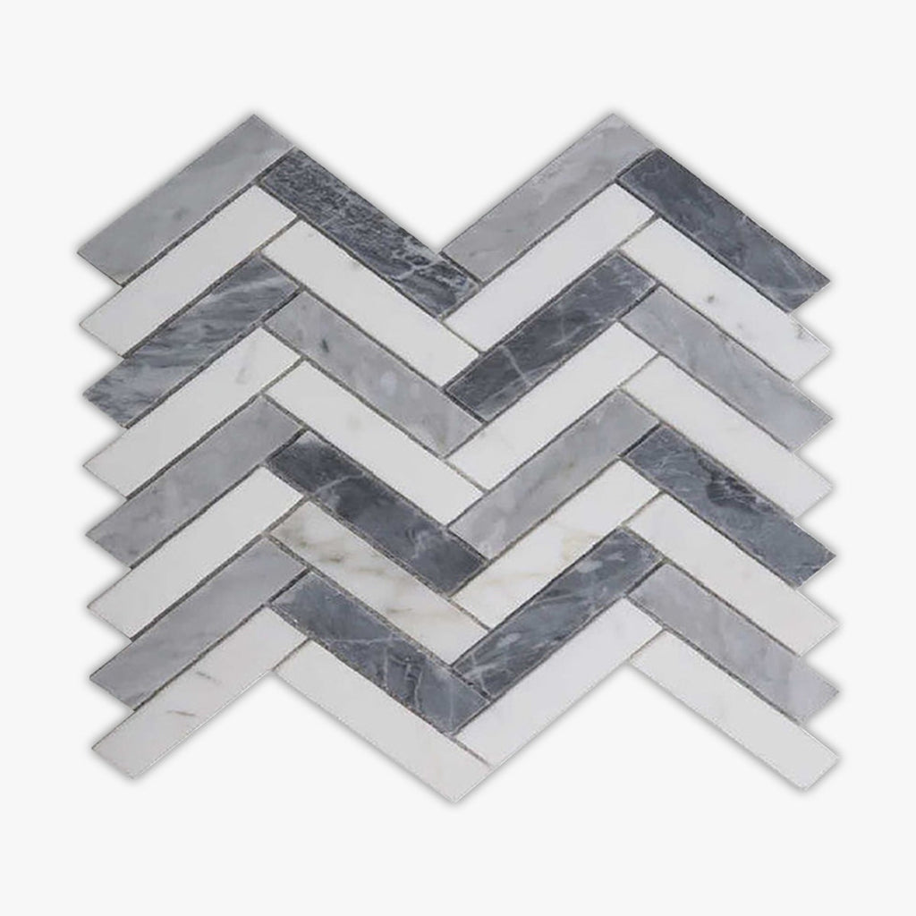 Carrara White, Bardiglio Honed 1x4 Herringbone Marble Mosaic