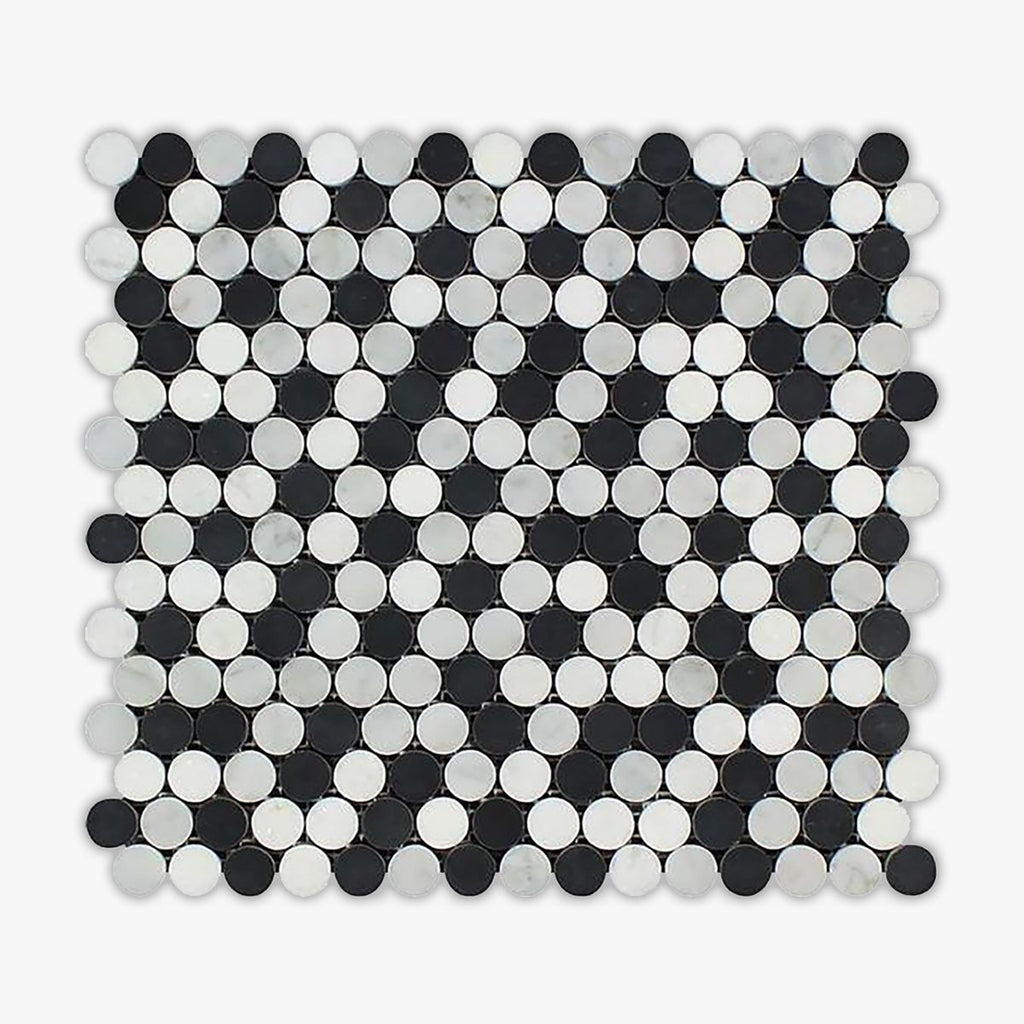 Bianco Carrara, Thassos White, Black Honed Penny Round Marble Mosaic