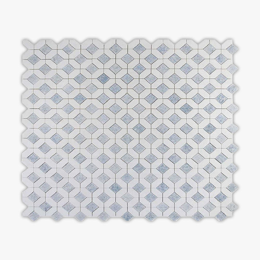 Thassos White, Azul Celeste Honed Lennox Marble Mosaic