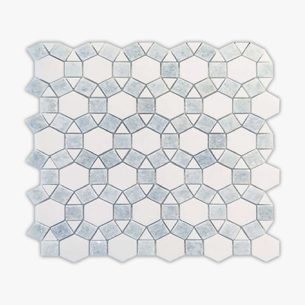 Thassos White, Azul Celeste Honed Geometry Marble Mosaic