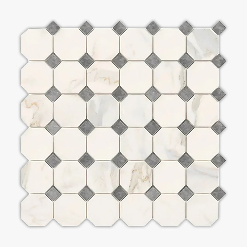 Calacatta Gold, Silver Gray Honed Octagon Marble Mosaic