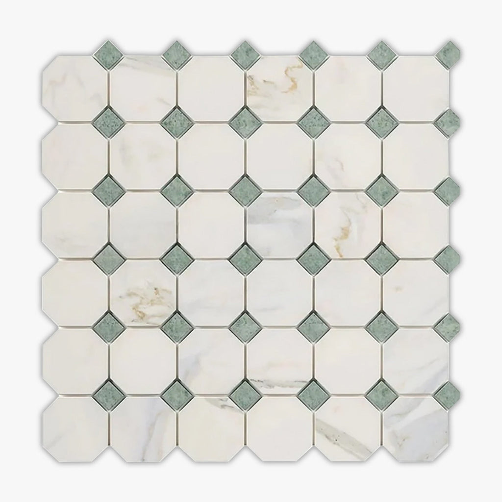 Calacatta Gold, Green Honed Octagon Marble Mosaic