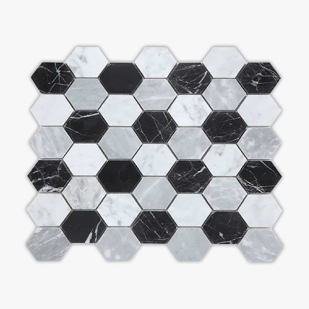 Bianco Carrara, Nero Marquina Polished 2 Inch Hexagon Marble Mosaic