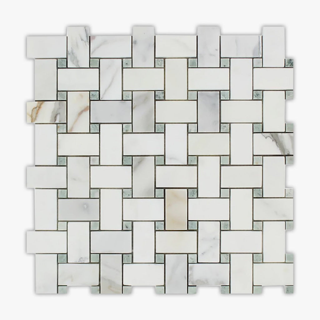 Calacatta Gold, Green Honed 2x4 Large Basketweave Marble Mosaic