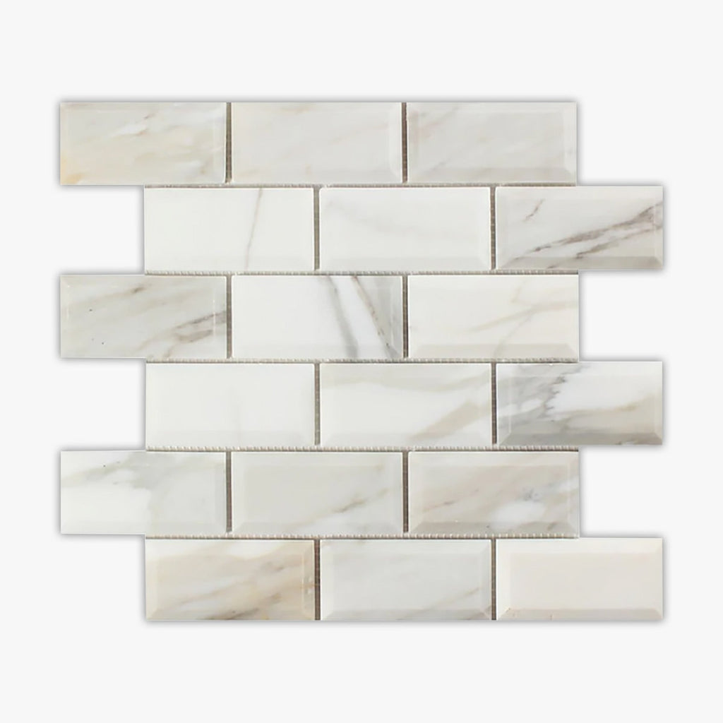 Calacatta Gold Honed 2x4 Beveled Brick Marble Mosaic