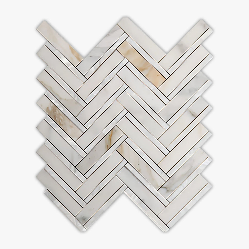 Calacatta Gold, Mother Of Pearl Polished 1x4 Herringbone Marble Mosaic