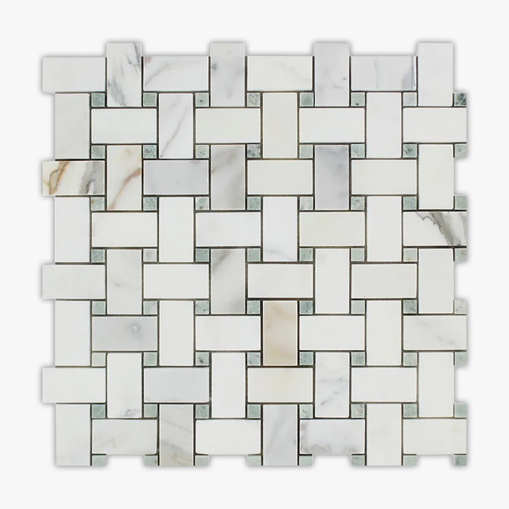 Calacatta Gold, Light Green Polished 1x2 Basketweave Marble Mosaic