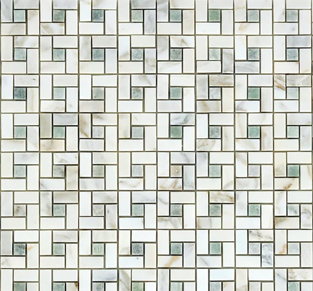 Calacatta Gold, Jade Green Polished Pinwheel Marble Mosaic