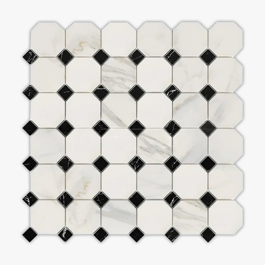 Calacatta Gold, Black Honed Octagon Marble Mosaic