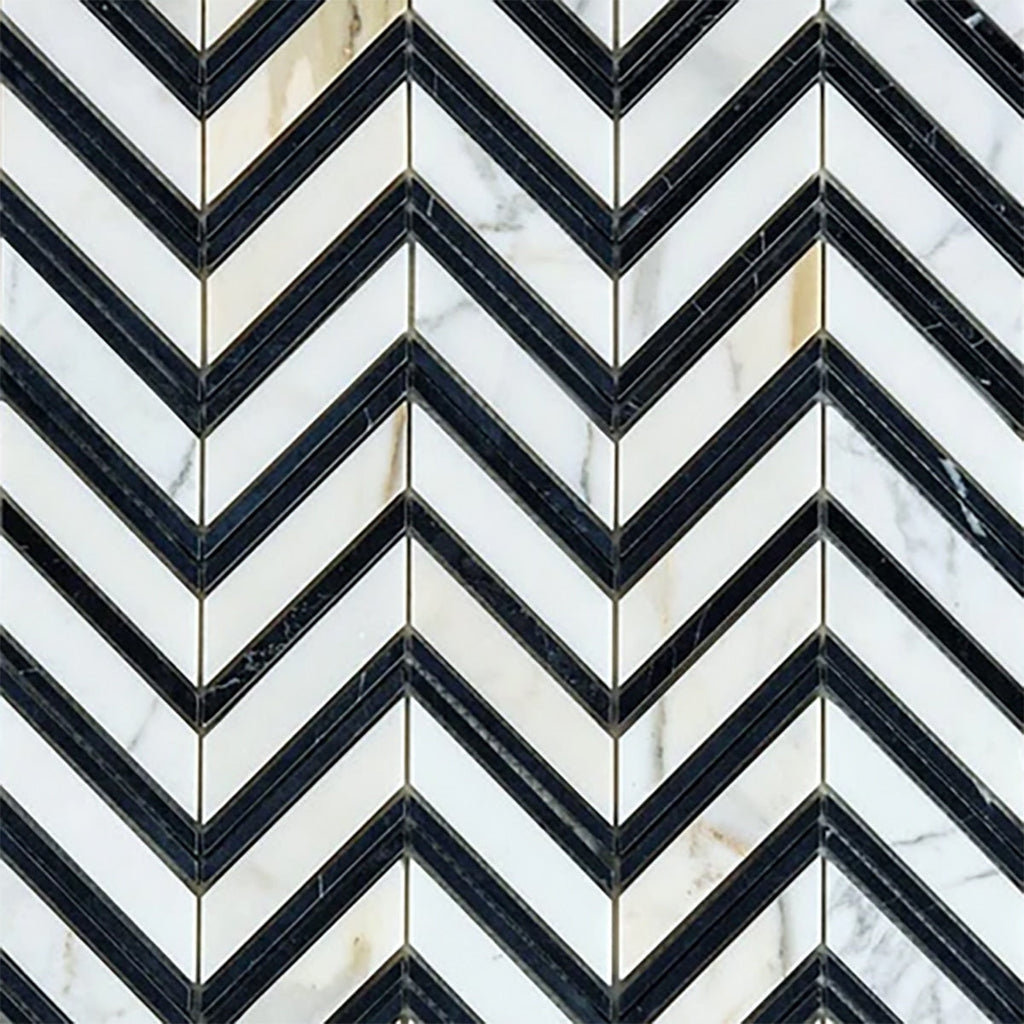 Calacatta Gold, Black Honed 1x4 Chevron Marble Mosaic