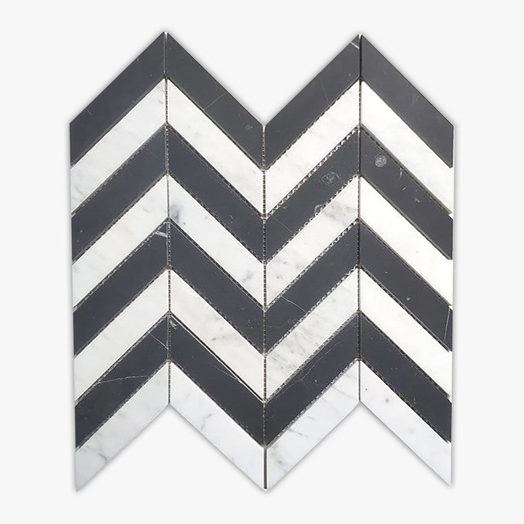 Calacatta Gold, Black Honed Grand Chevron Marble Mosaic