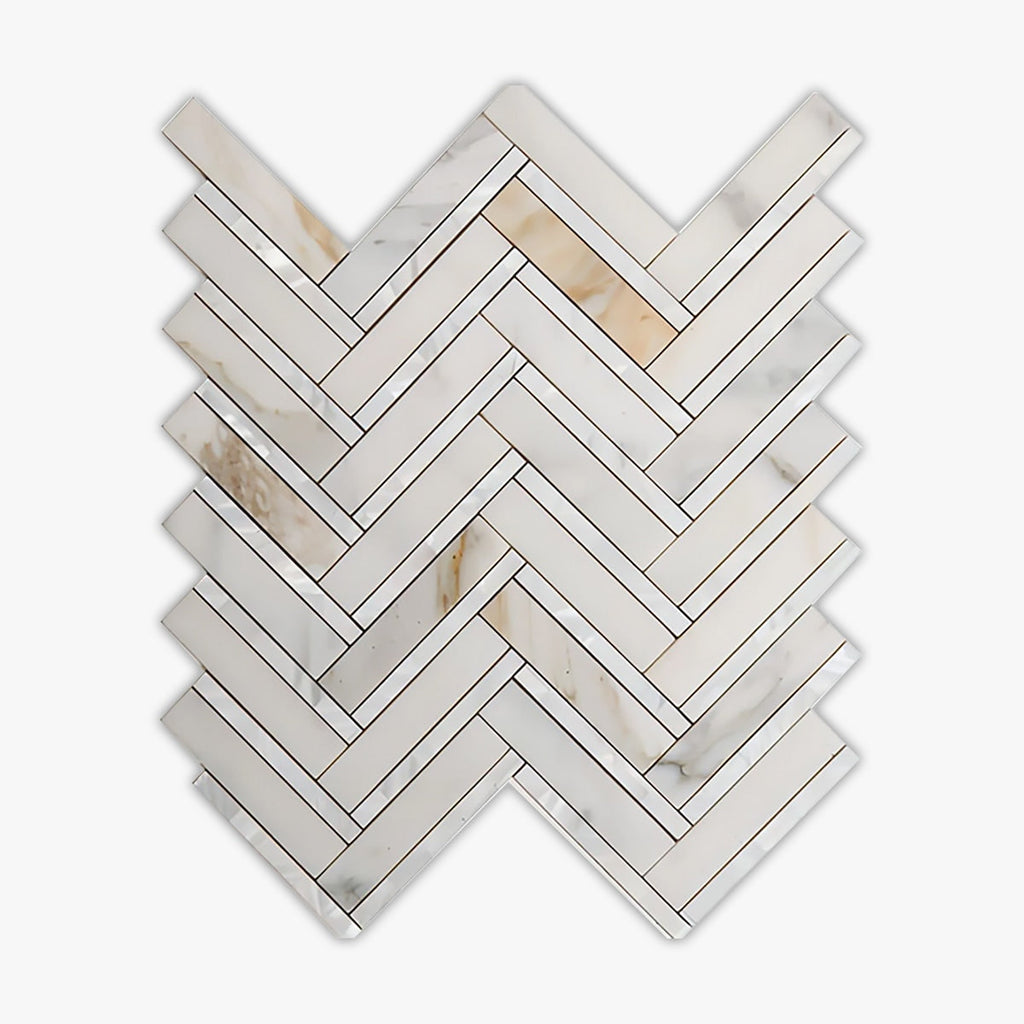 Calacatta Gold, Mother Of Pearl Honed 1x4 Herringbone Marble Mosaic