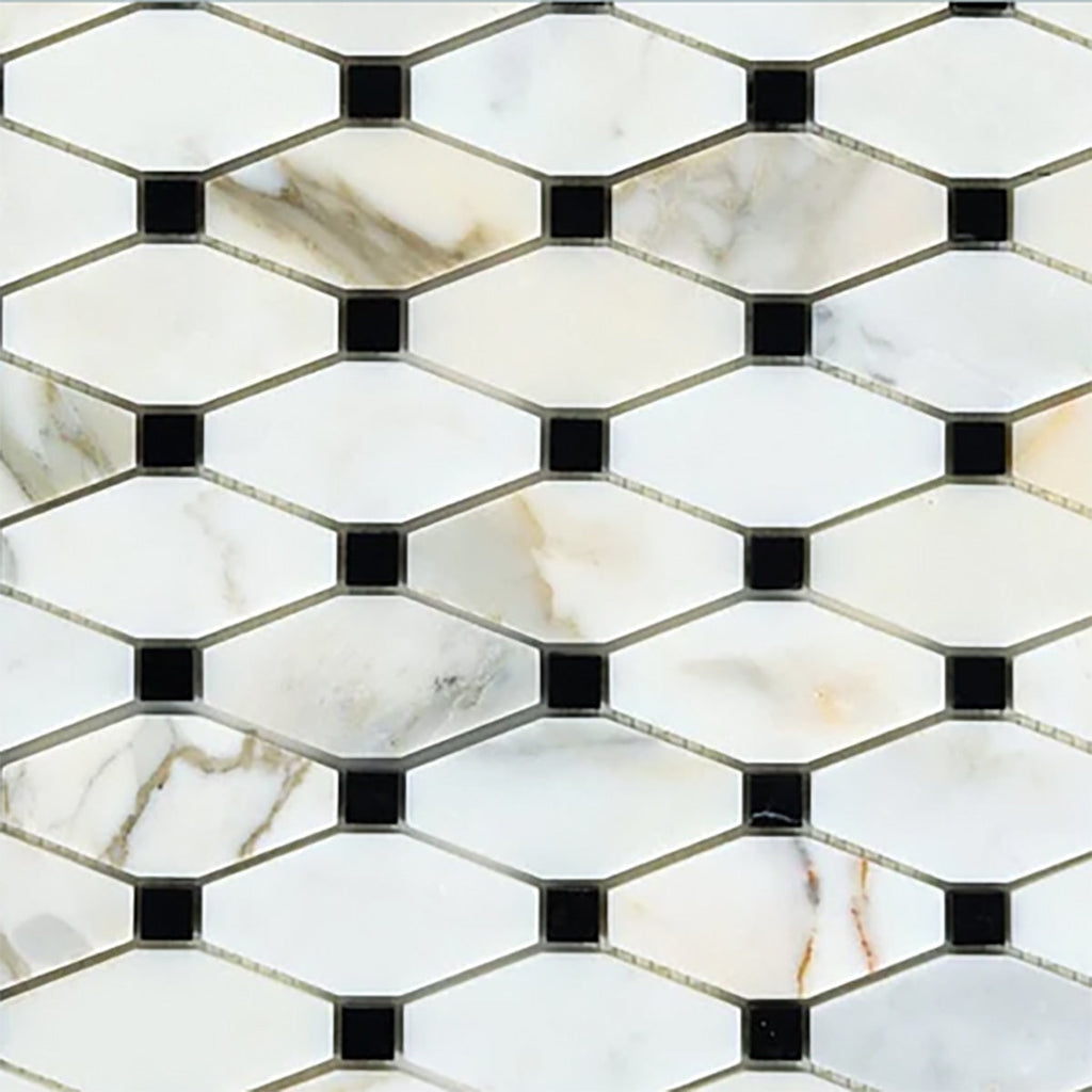 Calacatta Gold, Black Honed 2x4 Octave Marble Mosaic