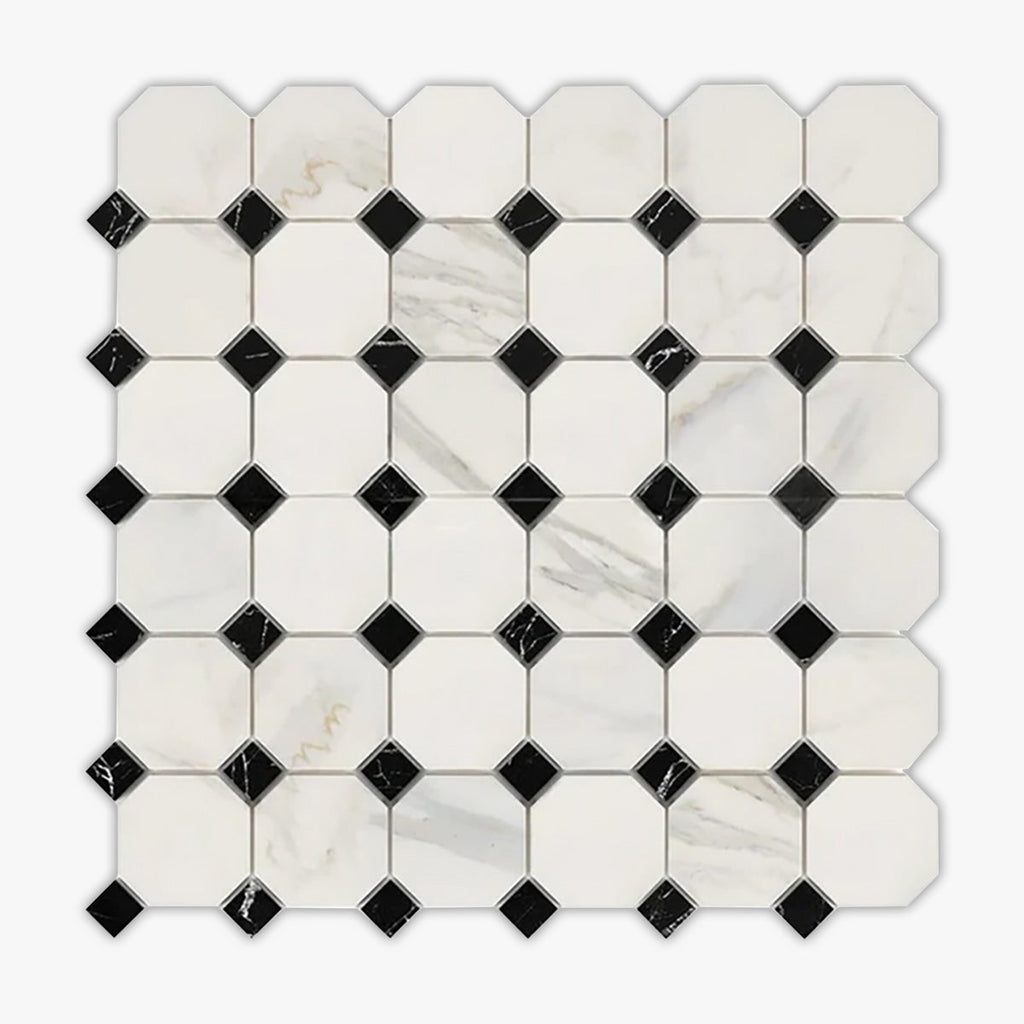 Calacatta Gold, Black Polished Octagon Marble Mosaic