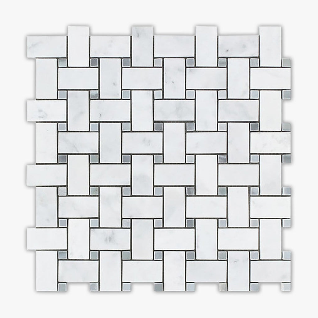 Bianco Carrara, Blue, Gray Honed 1x2 Basketweave Marble Mosaic