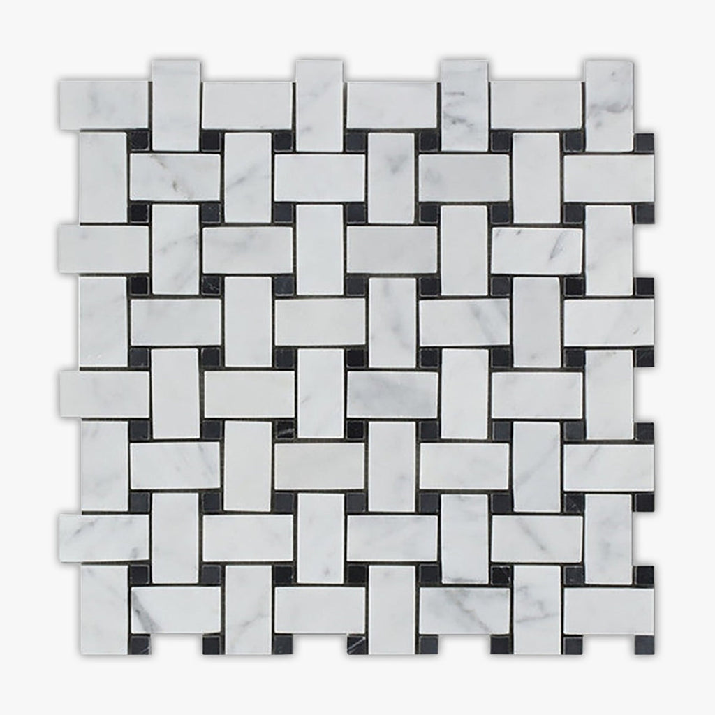 Bianco Carrara, Black Honed 1x2 Basketweave Marble Mosaic