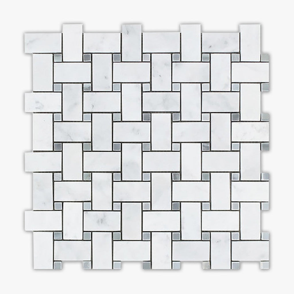 Bianco Carrara, Blue, Gray Polished 1x2 Basketweave Marble Mosaic