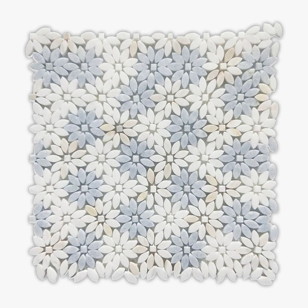 White, Blue Honed Daisy Wild Marina Marble Mosaic